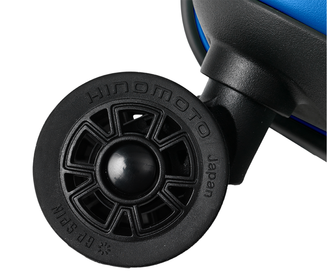 Close-up of a black luggage wheel with 'Hinomoto' branding on a white background