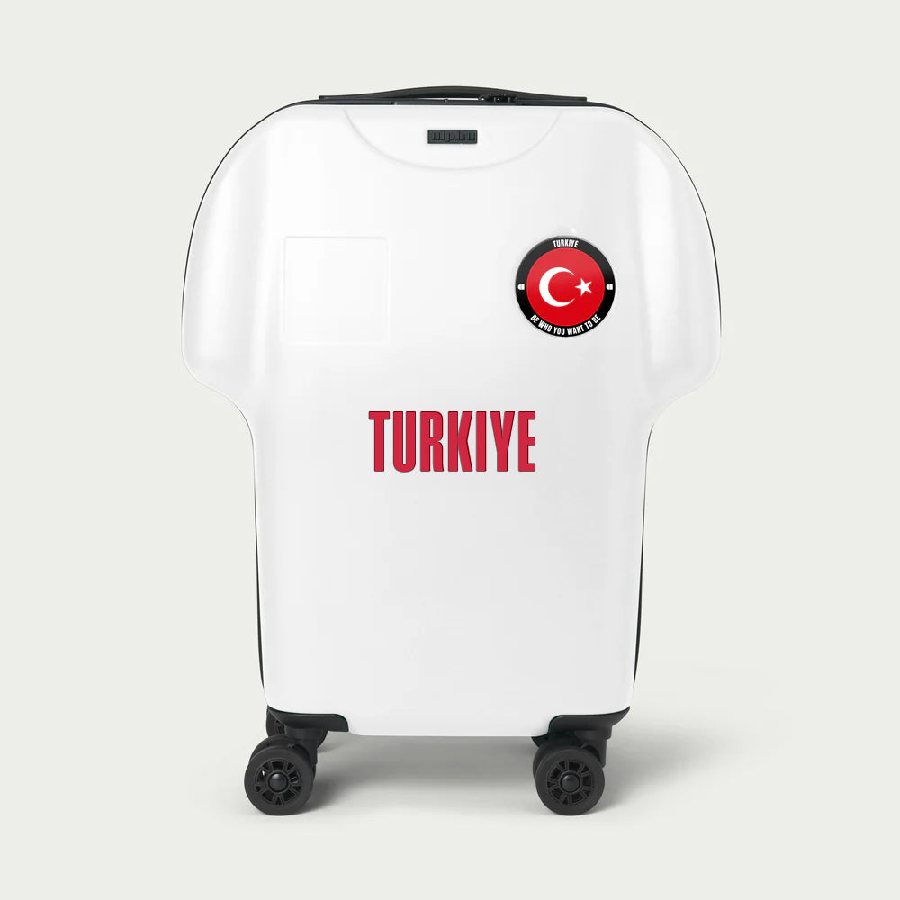 White suitcase with Turkish flag design and 'TURKIYE' text on a white background