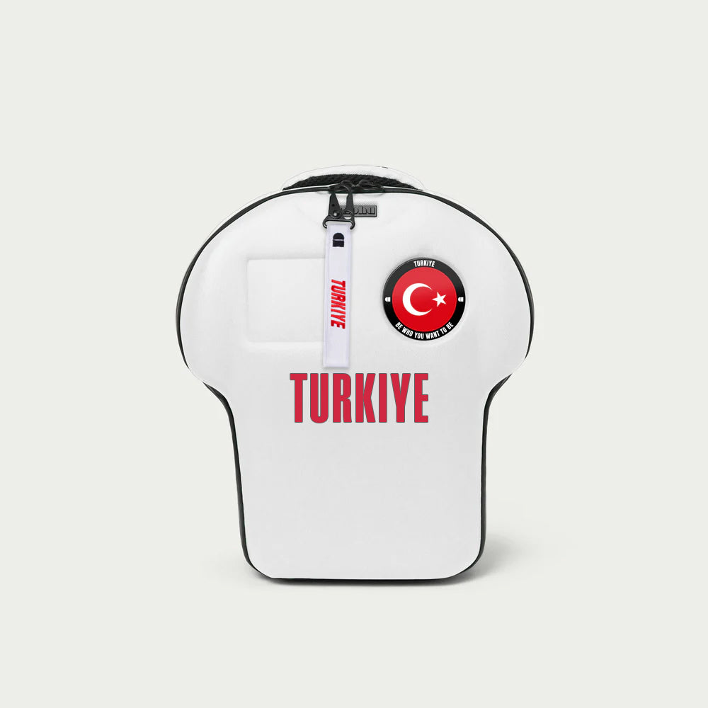 White backpack with 'TURKIYE' text and Turkish flag design on a light gray background