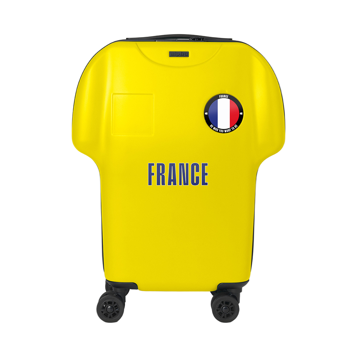 france yellow shirt-shaped cabin luggage customised by alpha