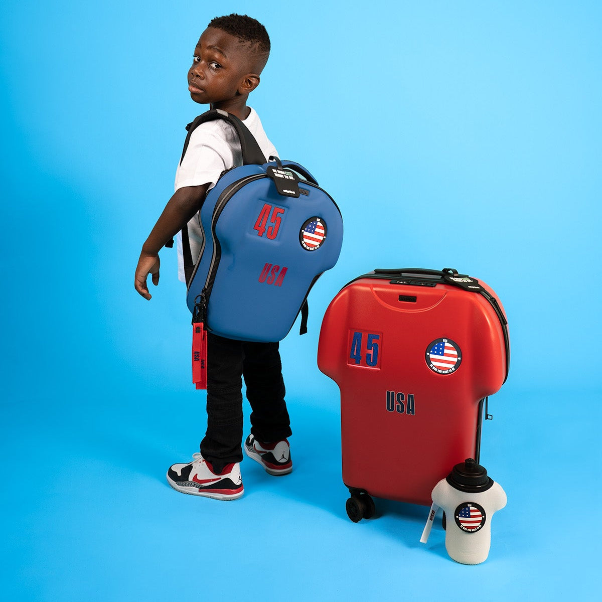 Child with a blue backpack and red suitcase on a blue background
