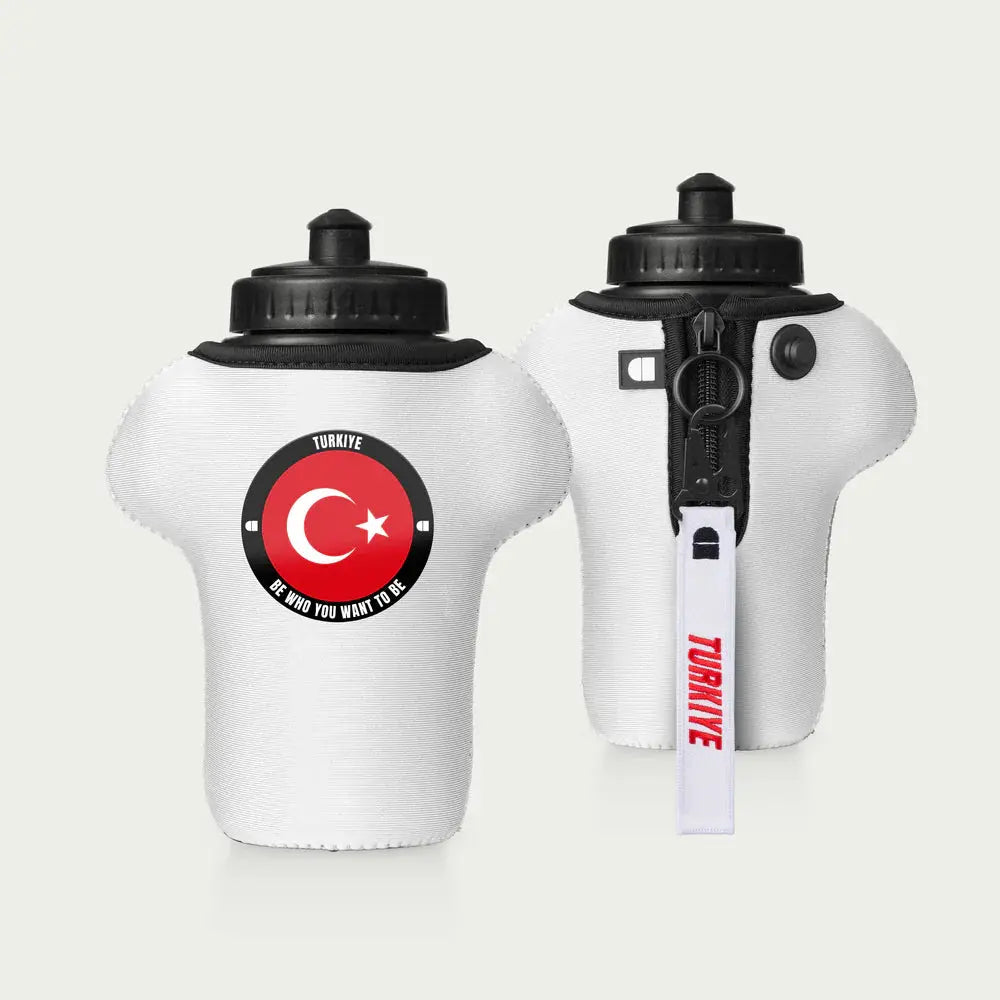 White water bottles with black lids and Turkish flag design on a light gray background