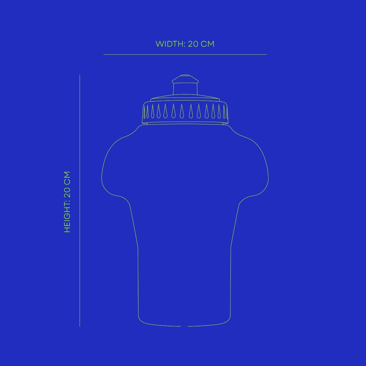 Outline of a bottle with dimensions on a blue background
