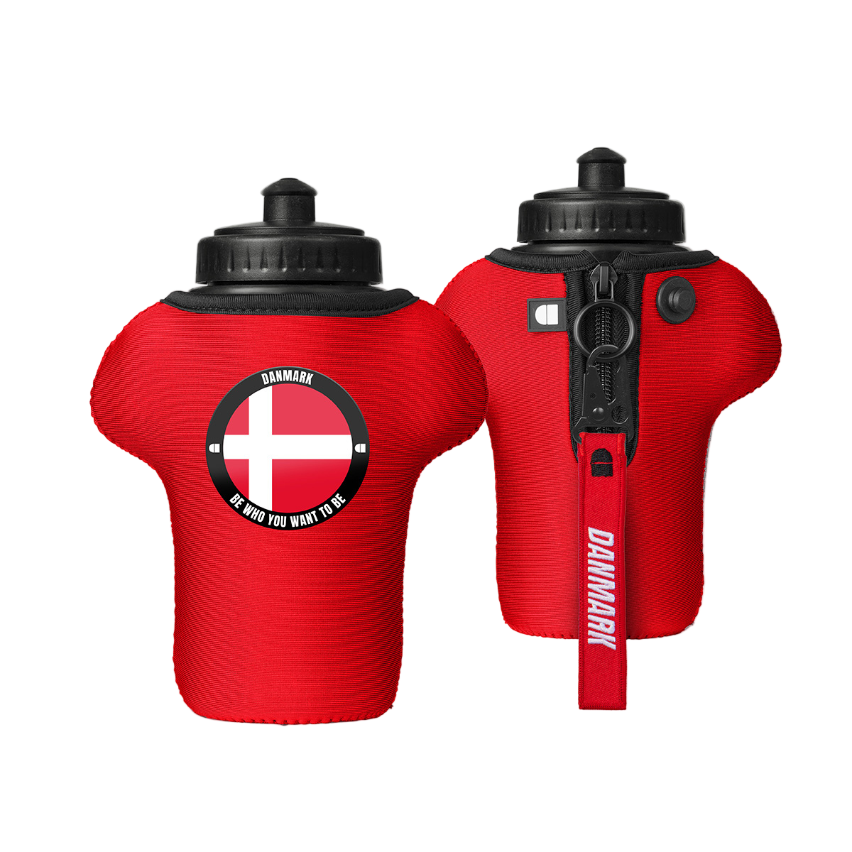 Red bottle holder with Danish flag design and 'Denmark' text on a light gray background