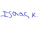 Blue signature on a white background