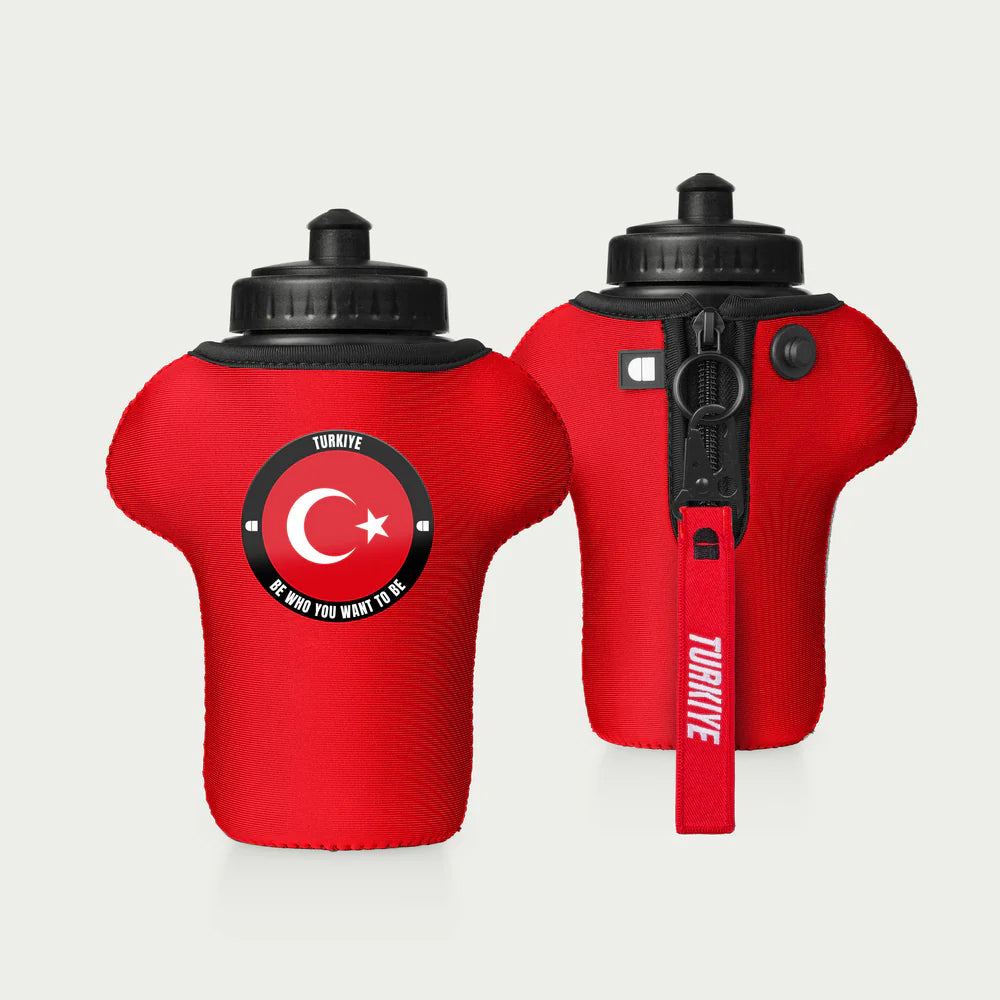 Red water bottles with Turkish flag design and 'TURKİYE' branding on a light gray background
