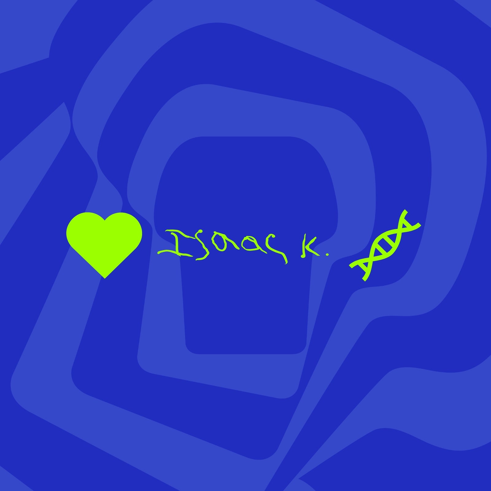 Blue abstract pattern with green text and heart on a blue background