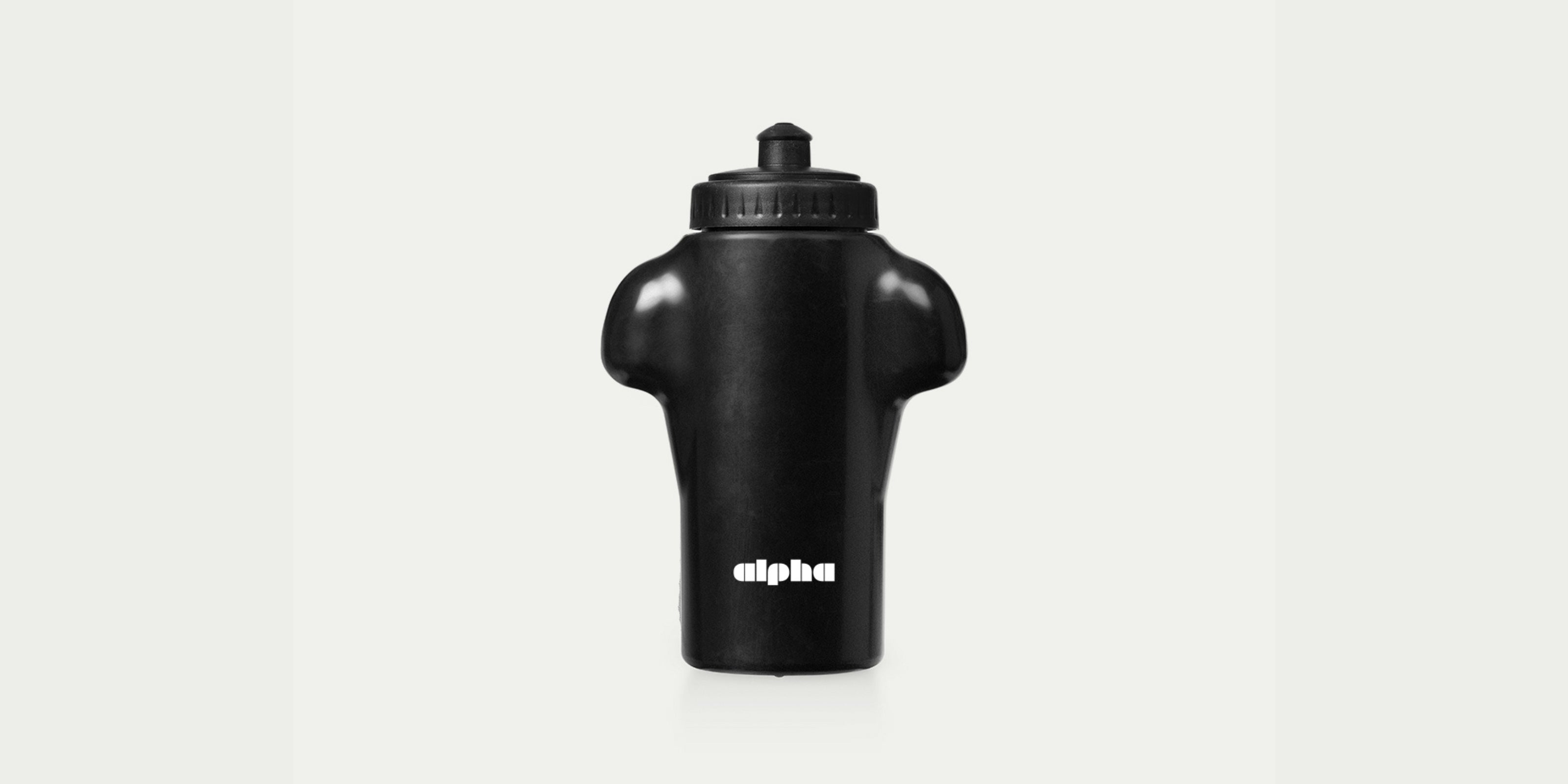 shirt-shaped Black water bottle with 'alpha' branding on a white background