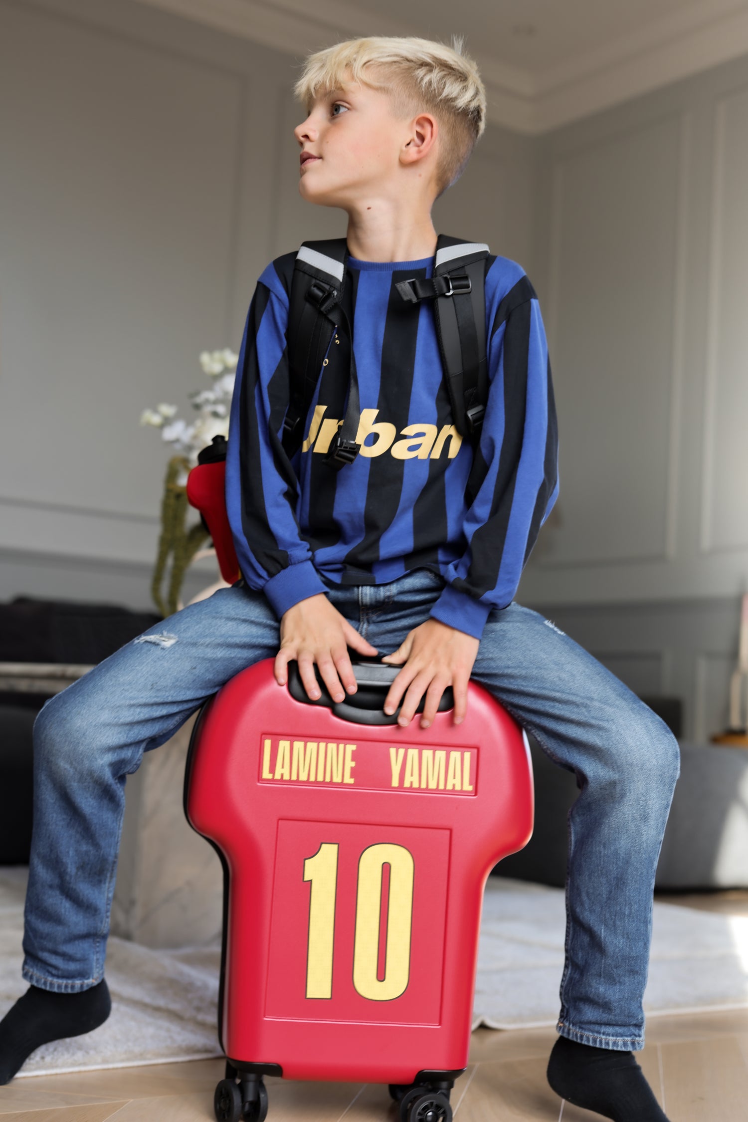 customised shirt-shaped cabin luggage with Lamine Yamal name on back by alpha 
