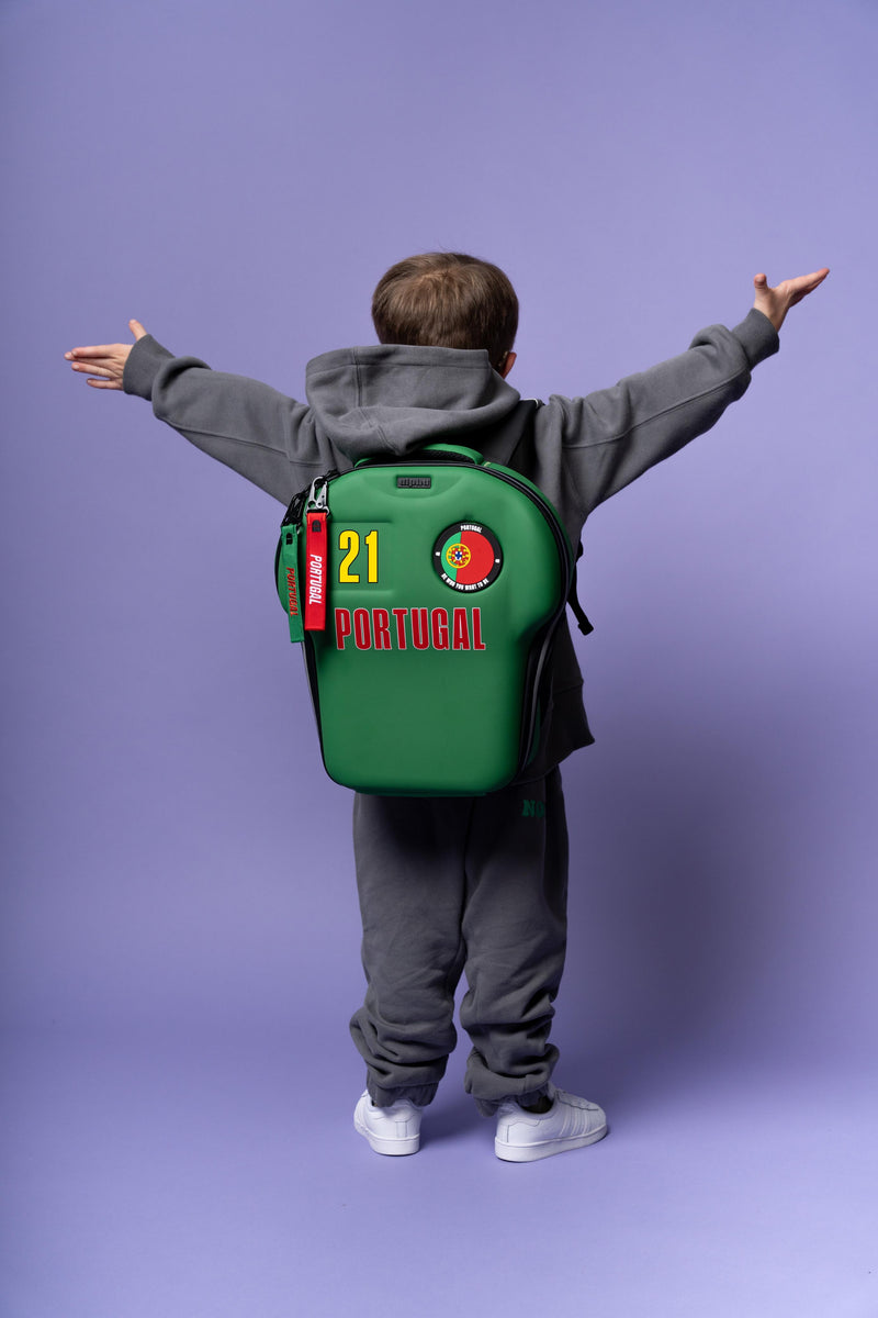 Person wearing a green backpack with 'Portugal' and number '21' on a purple background