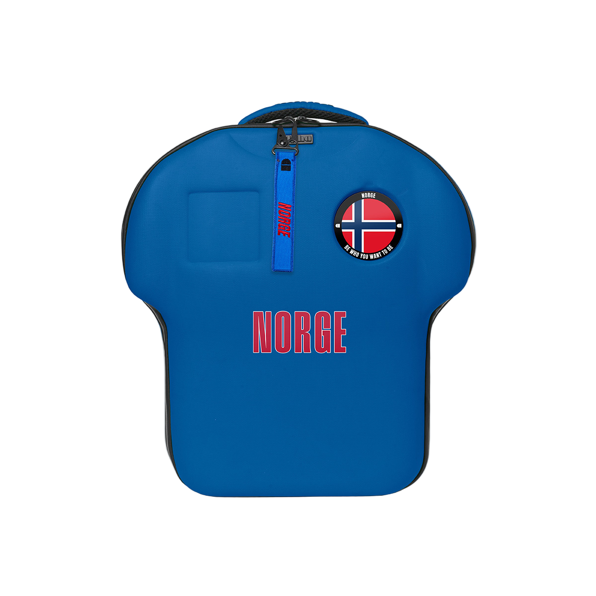 Blue bag with 'Norge' text and a circular design on a light gray background