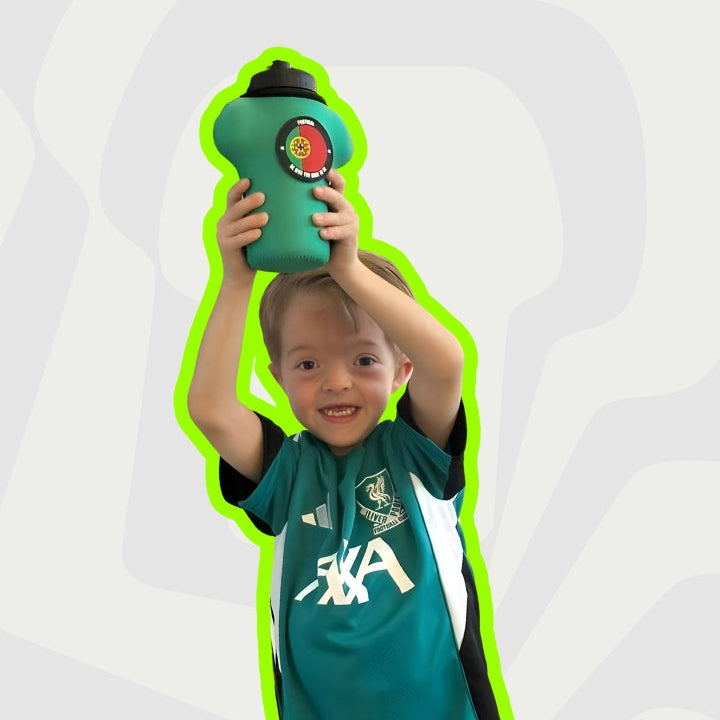 Child holding a green water bottle with a colorful label against a white background
