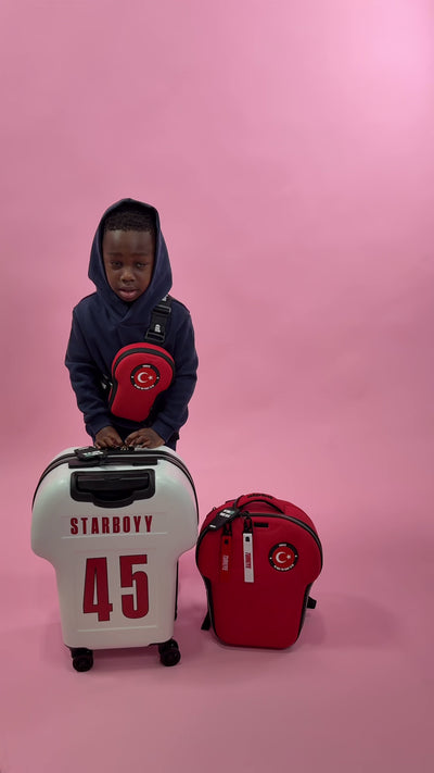 starboyy rocking turkiye shirt-shaped backpack and cabin luggage