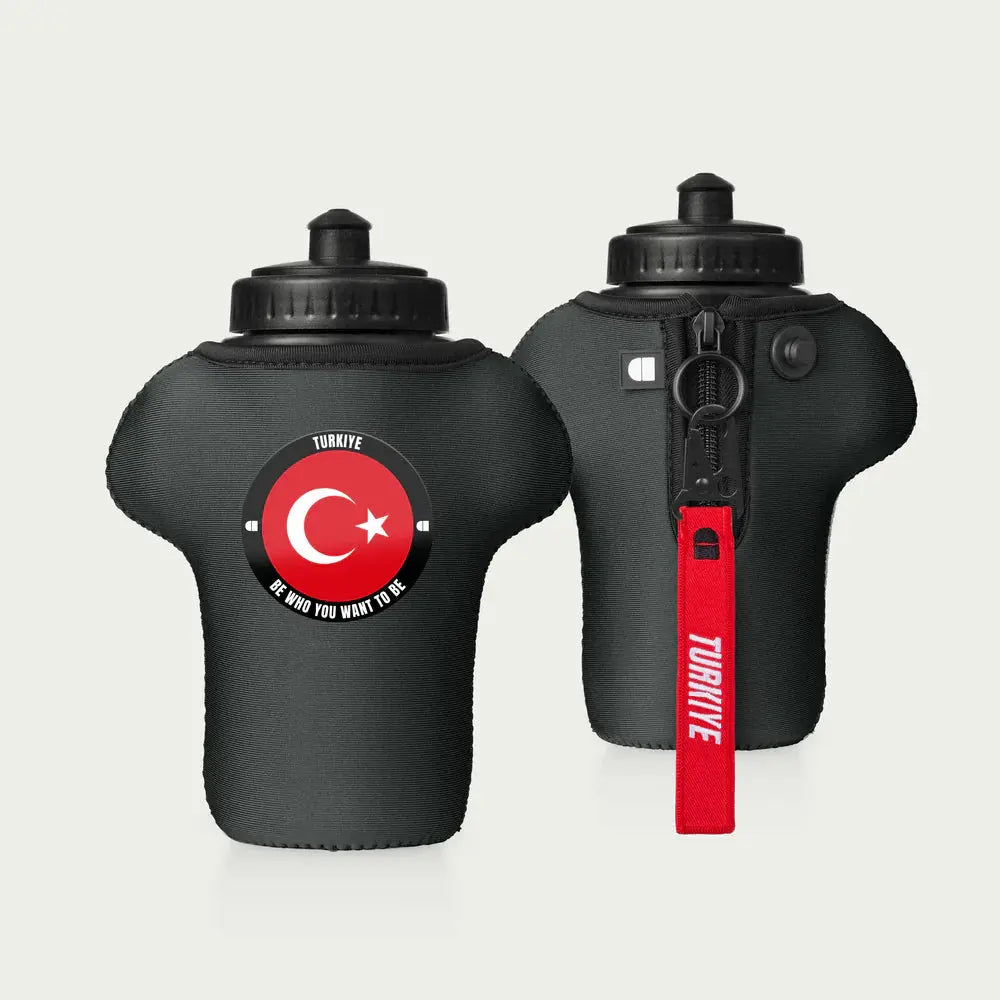 Black water bottle with Turkish flag design on a white background