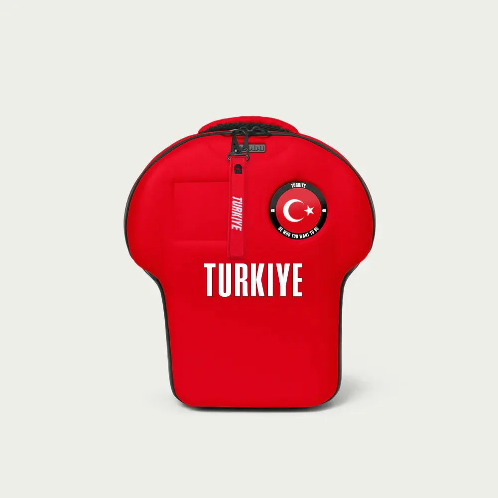 Red bag with 'Turkiye' text and Turkish flag design on a light gray background