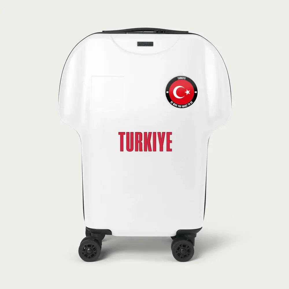 White suitcase with Turkish flag design and 'TURKIYE' text on a white background